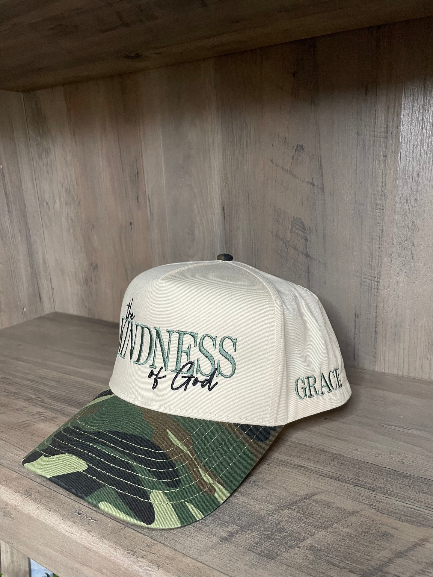 The Kindness of God Hat Embroidered Twill Hat, snap back closure - With GRACE embroidered on the side