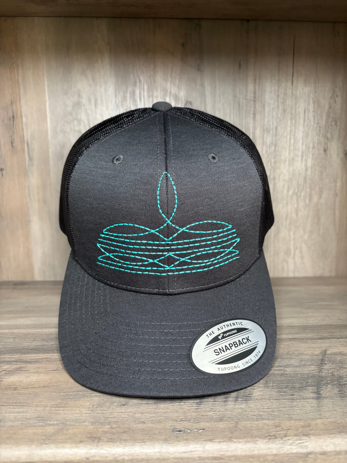 Boot Stitch Embroidered Structured Trucker Hat with Mesh back, Snapback closure, Custom made with your choice of hat and thread color.