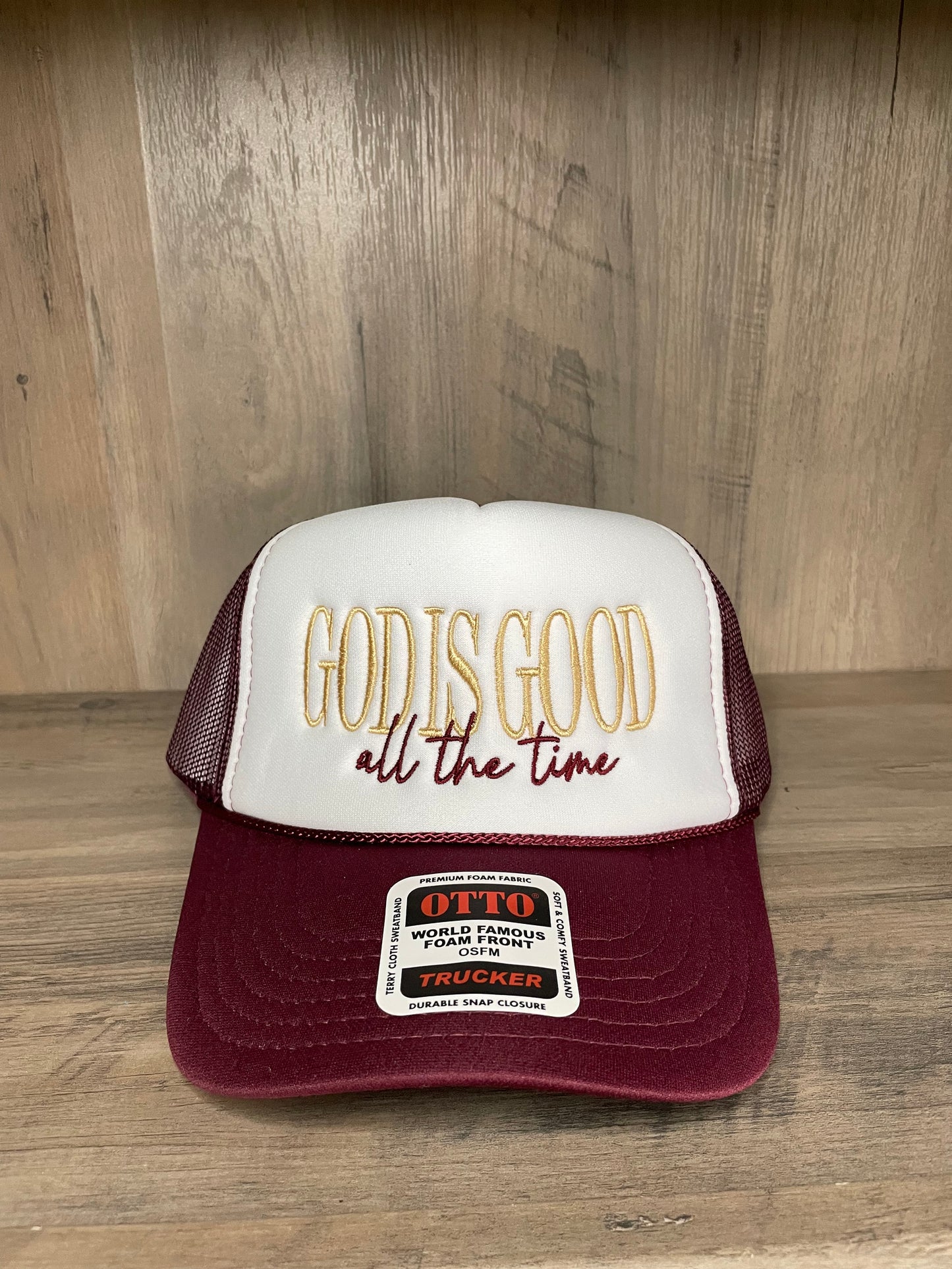 "God Is Good All The Time" Embroidered  Foam Trucker Cap with Mesh back, Snapback Closure