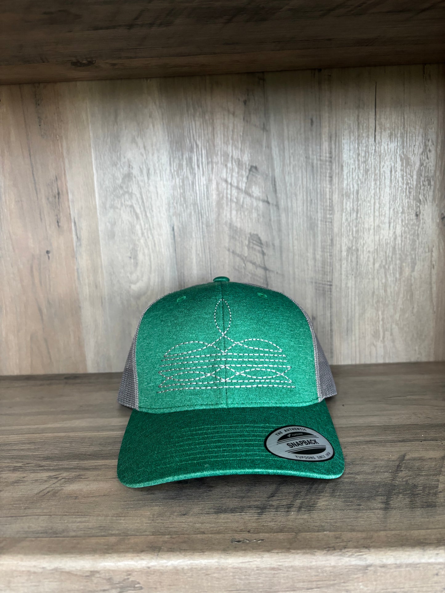 Boot Stitch Embroidered Structured Trucker Hat with Mesh back, Snapback closure, Custom made with your choice of hat and thread color.