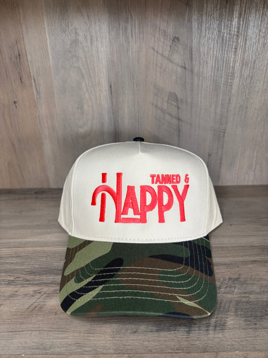 “Tanned & Happy” Embroidered Twill cap, Snap Back Closure