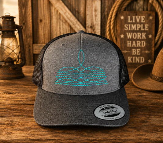 Boot Stitch Embroidered Structured Trucker Hat with Mesh back, Snapback closure, Custom made with your choice of hat and thread color.
