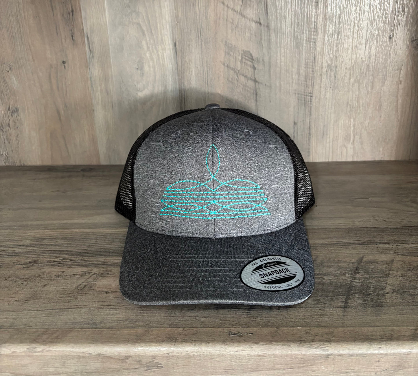 Boot Stitch Embroidered Structured Trucker Hat with Mesh back, Snapback closure, Custom made with your choice of hat and thread color.