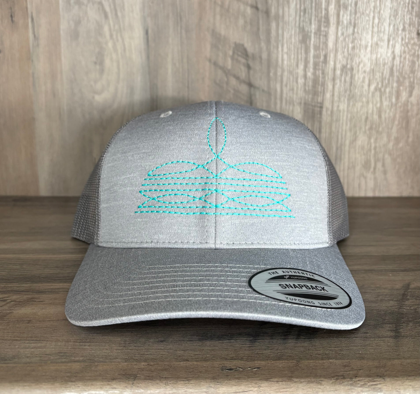 Boot Stitch Embroidered Structured Trucker Hat with Mesh back, Snapback closure, Custom made with your choice of hat and thread color.