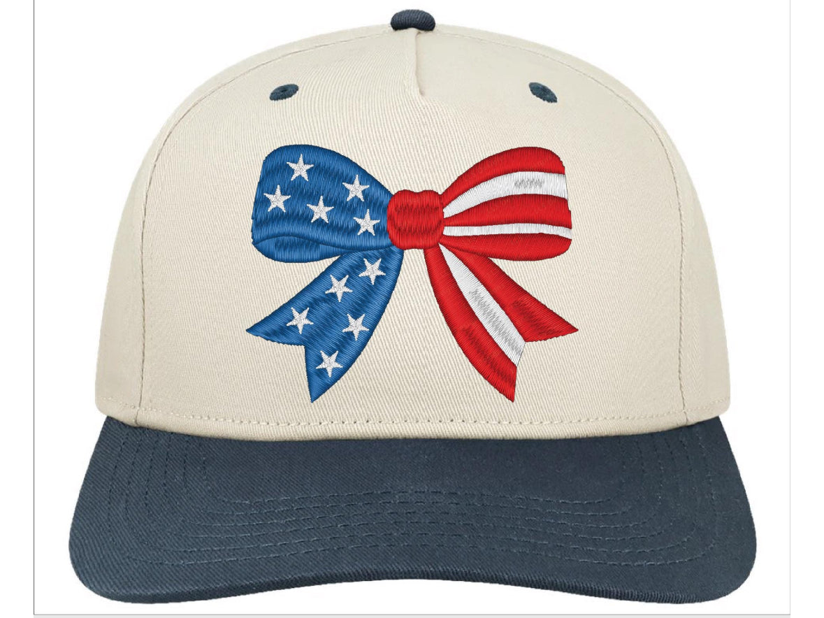 American Flag Bow Twill Cap, Embroidered Snapback closure, Fourth of July Hat, American Baseball Cap
