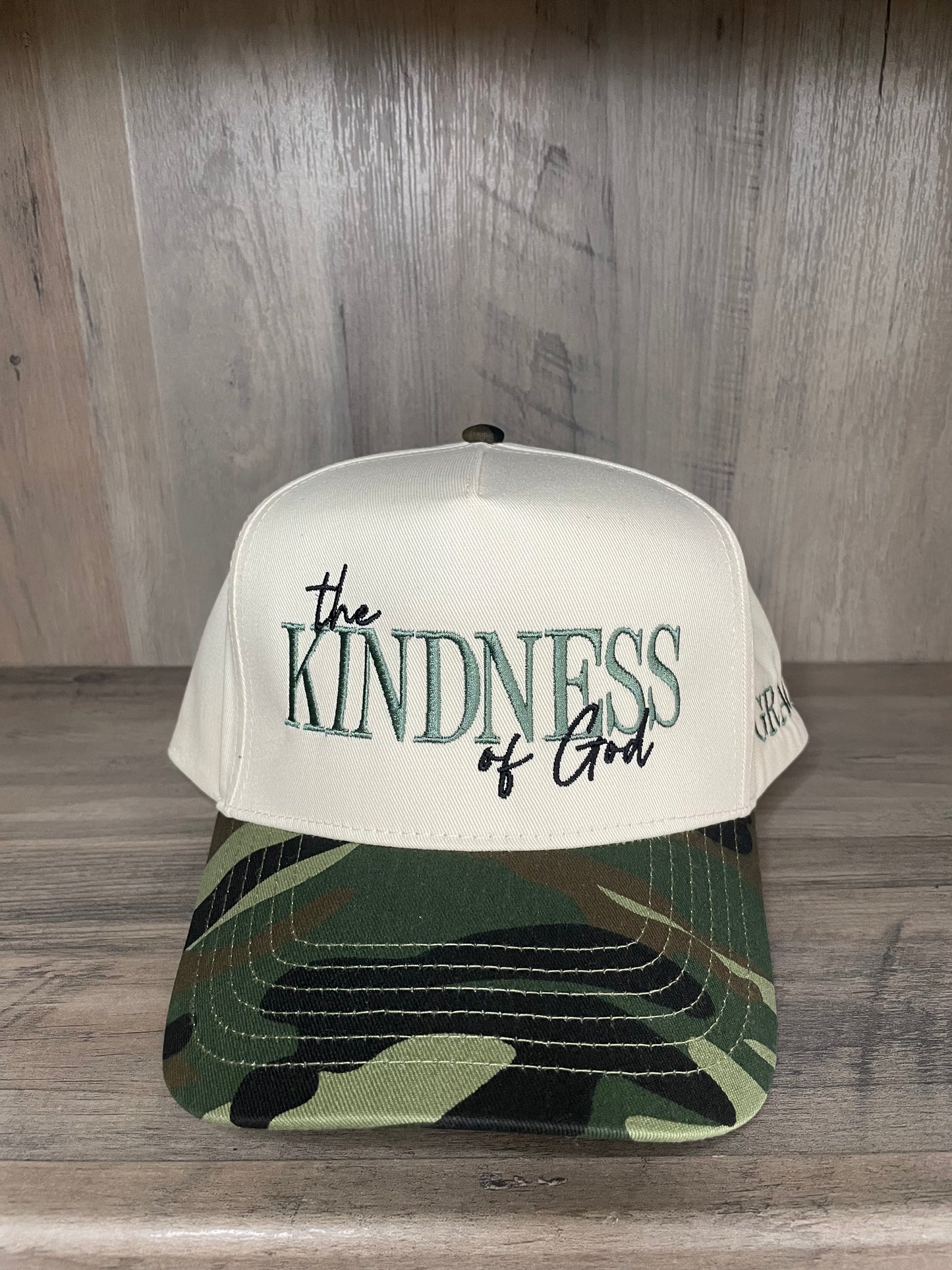 The Kindness of God Hat Embroidered Twill Hat, snap back closure - With GRACE embroidered on the side